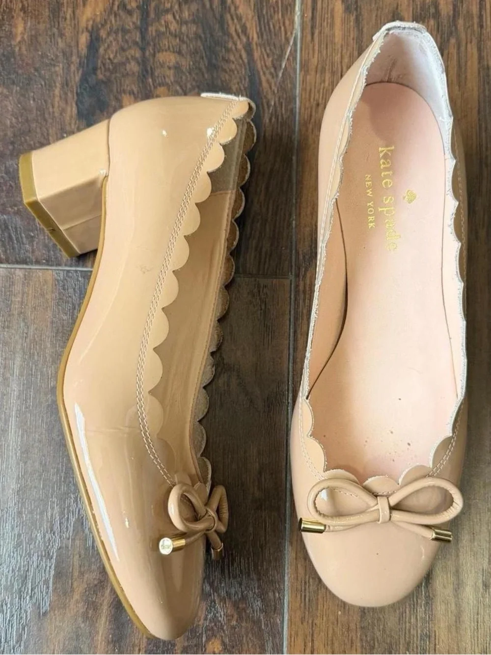 Kate Spade Yasmin Nude Leather Scalloped Block Kitten Heels Pumps Bow Mary Jane